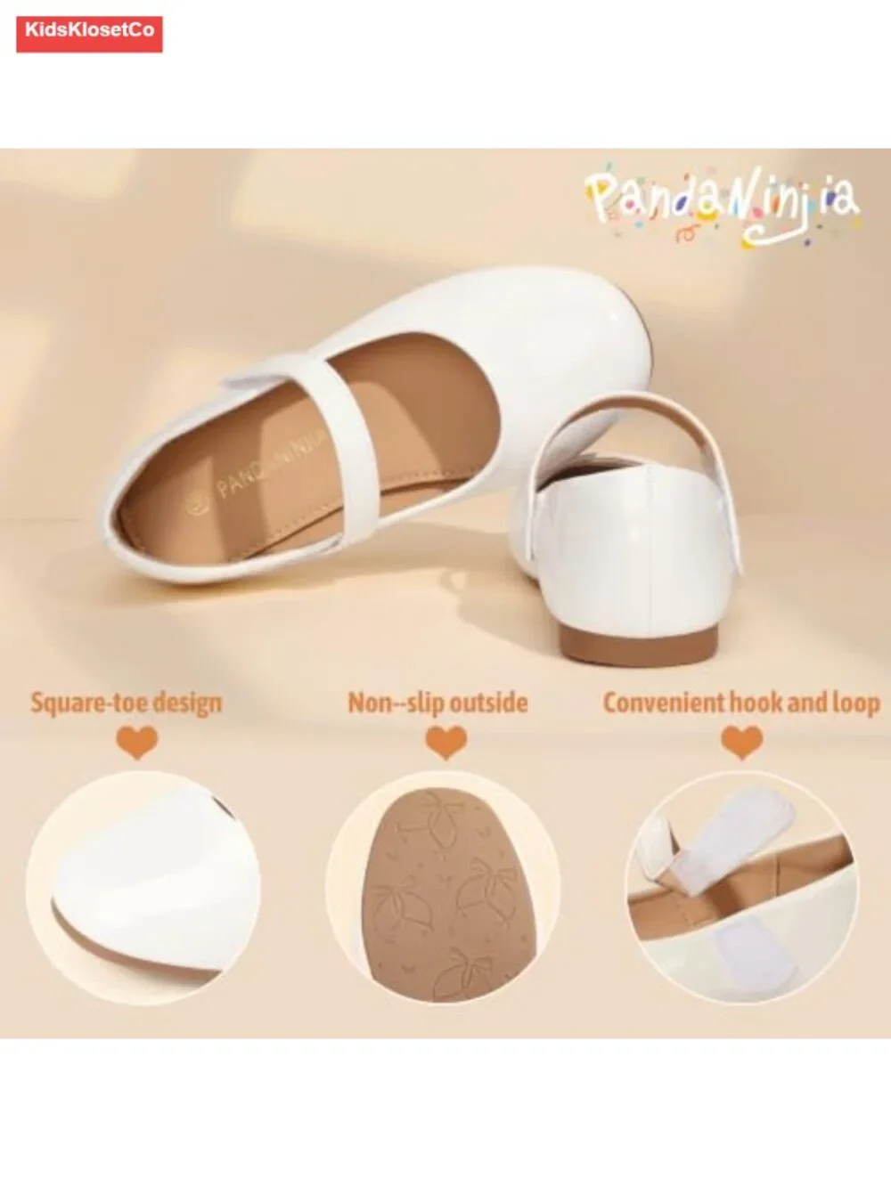 Girls Mary Jane Ballet Flats with Hook and Loop Closure, Non-Slip Sole
